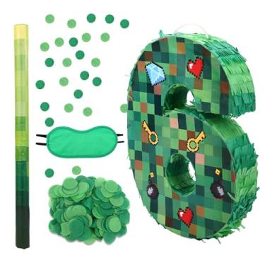 Imagem de Conjunto de Pinata Aniversário com Tema Pixel, Pinata Número 6 com Vareta Venda e Confetis para Decoração Festa Aniversário 6 Anos - Enfeite de Mesa