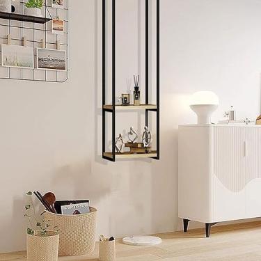 Imagem de Prateleira suspensa no teto, prateleiras flutuantes de ferro de metal, prateleiras de armazenamento de cozinha, prateleiras de exibição de madeira de 2 camadas, suporte de vaso de flores para