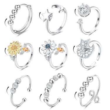 Imagem de ORAZIO 9Pcs Fidget Anxiety Ring for Women Men Spinner Ring for Anxiety Stress Relief Adjustable Open CZ Flower Butterfly Bee Sun Moon Star Bead Rotatable Spinning Figet Calm Rings Silver Set S1