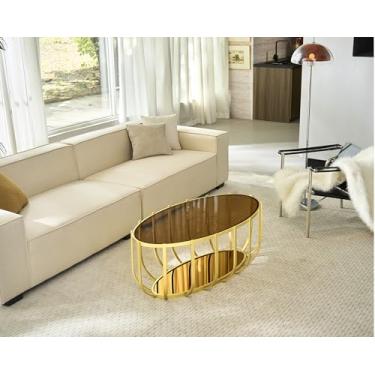 Imagem de Saint Mossi Mesa de centro de vidro Oavl para sala de estar, mesa central de vidro moderna de 2 camadas, tampo de vidro marrom e parte superior espelhada marrom com pernas e moldura de acabamento