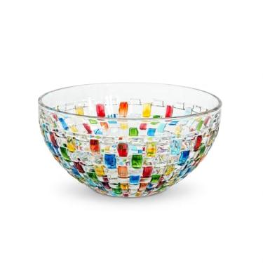 Imagem de MAGCOLOR Grande tigela de salada de cristal colorida pintada à mão - 17,5 cm de diâmetro. Tigela de mistura de vidro decorativa para casa, escritório, decoração de casamento, frutas, lanche, sobremesa
