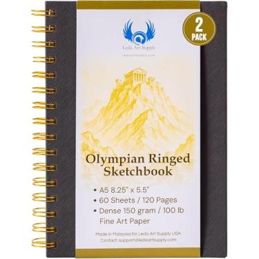 Imagem de Caderno de desenho com anéis olímpicos, tamanho A5 14 x 21 cm, encadernação de anel de metal dourado fica plano, 60 folhas, papel de arte 150 GSM para artistas, ideal para lápis, tinta, aquarela, Leda