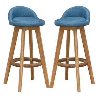 Imagem de Conjunto de 2 banquetas de bar, bancos de bar de cozinha com encosto baixo, assento de linho giratório de 360° com pernas de madeira maciça, cadeiras confortáveis de design moderno (73 cm)