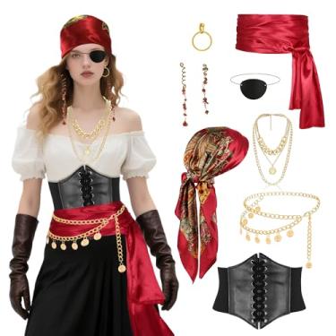 Imagem de Vermeyen Conjunto de acessórios de fantasia de pirata para mulheres com lenço de cabeça, espartilho de pirata, colar, faixa, cinto de corrente