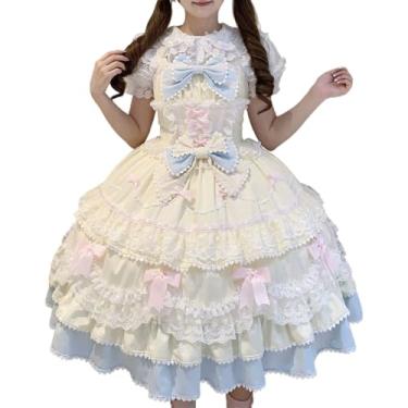 Imagem de Cuteighteen Vestido Lolita sem mangas para adolescentes kawaii princesa vitoriana anime cosplay acabamento em renda vestidos de festa chá em camadas (EUA, alfa, grande, amarelo creme)