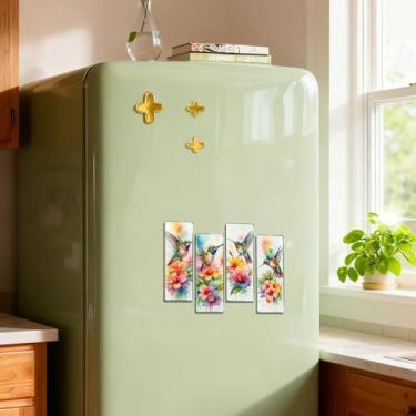 Imagem de Conjunto de 4 peças de imãs de geladeira floral e beija-flor - Ímãs vibrantes para decoração de pássaros em aquarela para cozinha/escritório/armário, presente ideal para amantes da natureza e