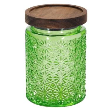 Imagem de 1 pote de vidro vintage Starlit Glow com tampa de madeira maciça, recipiente de armazenamento de cozinha para açúcar, café, chá, biscoitos, sal de banho - Pote decorativo para despensa e balcão (1
