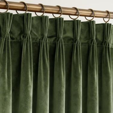 Imagem de Cortinas blackout de veludo plissadas verde-oliva 213,4 cm de comprimento, conjunto com 2 painéis, isolamento térmico, três pregas, veludo, escurecimento de quarto, espesso, luxuoso, minimalista