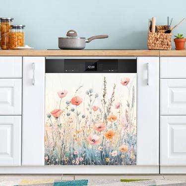 Imagem de SEHANY Capa magnética colorida de campo silvestre para lava-louças, adesivos magnéticos decorativos antiarranhões para painel de geladeira e lava-louças, decoração de flores de fazenda de cozinha