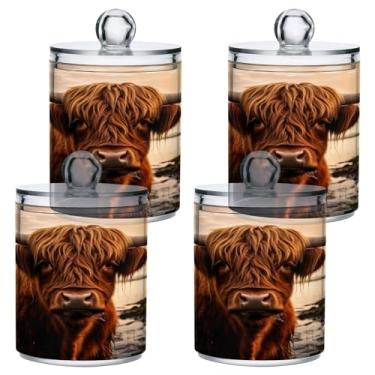 Imagem de Blueangle Pacote com 4 dosadores Highland Cow Qtip para bola de algodão, cotonete - conjunto de frascos de boticário de plástico para organização de armazenamento de recipientes de banheiro (198)