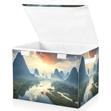 Imagem de Blueangle Cestos de armazenamento de paisagem de montanha com tampas, 42 x 32 x 30 cm, cesta organizadora grande dobrável para decoração de escritório e armário (353)