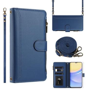 Imagem de Asuwish Capa de telefone para Samsung Galaxy A15 5G/4G Capa carteira com protetor de tela de vidro temperado alça de pulso transversal de couro flip zíper suporte para cartão de crédito celular A 15