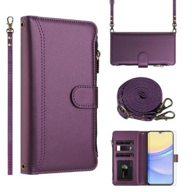 Imagem de Asuwish Capa de telefone para Samsung Galaxy A15 5G/4G Capa carteira com protetor de tela de vidro temperado alça transversal de pulso de couro flip zíper suporte para cartão de crédito celular A 15