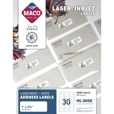 Imagem de MACO Etiquetas de endereço brancas a laser/jato de tinta, ML-3000, adesivo permanente, 2,5 cm L x 6 cm C, retangular, branco, 30 por folha, caixa com 3.000