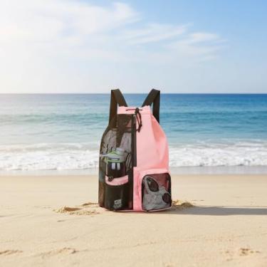 Imagem de Mochila de malha para natação com cordão e bolsos molhados, mochilas de armazenamento de praia, Pó Sakura, Large, Mochila com cordão