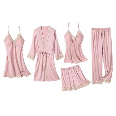 Imagem de Pijama feminino 5 peças conjunto de pijama cami de cetim com roupão decote em V vestido de dormir floral acabamento de renda GG Borgonha-B (azul marinho a)