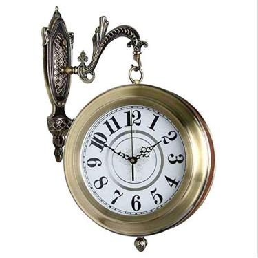 Imagem de U5GAAALPPQ9 Relógio de parede arte de ferro couro dupla face estilo europeu relógio vintage inovador moderno relógio de parede dupla face algarismos romanos + algarismos arábicos