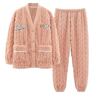 Imagem de HHHJQFAAT Pijama feminino de veludo coral conjunto de pijama feminino de inverno tamanho grande terno de veludo para casa pijama decote em V (936 grande)