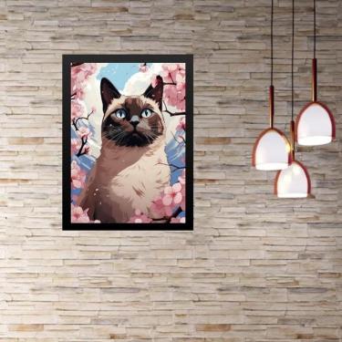 Imagem de Quadro Gato Siamês Flores Cerejeira 33X24Cm