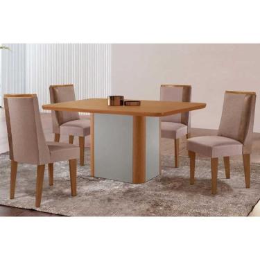 Imagem de Conjunto: Mesa de Cozinha Pietá Tampo Curvo 120cm+4 Cadeiras Tilia Madeira Naturale/Off White - Capuccino/Linho Capuccino - Rufato