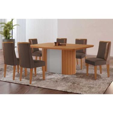 Imagem de Conjunto: Mesa de Cozinha Pilar c/ Tampo Madeirado Canto Curvo 180x90cm e 6 Cadeiras Tilia Naturale/Off White - Suede Marrom - Rufato