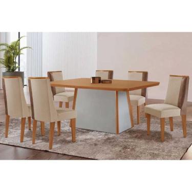 Imagem de Conjunto: Mesa Sala Jantar Tilia c/ Tampo Madeirado Canto Curvo 180x90cm e 6 Cadeiras Tilia Naturale/Off White - Suede Creme - Rufato