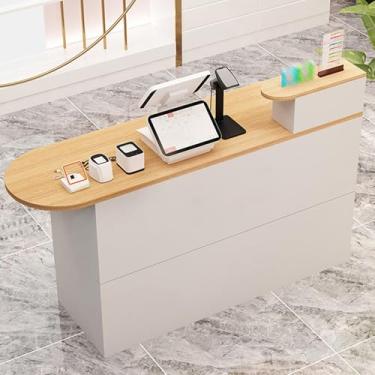 Imagem de Mesa de recepção de madeira com gavetas trancáveis, balcão de caixa de varejo que economiza espaço para escritório em casa e escritório - acabamento natural (100 cm/39,3 pol.)