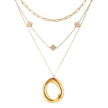 Imagem de Camhanno Colar feminino de ouro em camadas – banhado a ouro 18 K com trevo de quatro folhas e pingente de círculo torcido, corrente de gargantilha com clipe de papel que não mancha, joia elegante para