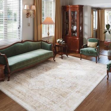 Imagem de Tapete vintage lavável 22 x 30,5 cm - Tapetes antiderrapantes antiderrapantes macios e grandes tapetes retrô para sala de estar, quarto, sala de jantar, escritório, decoração de casa, bege