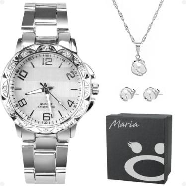 Imagem de Relógio Feminino Strass Aço Inox + Brincos + Caixa + Colar prova dagua