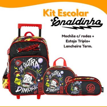 Imagem de Kit Escolar Enaldinho Mochila Rodinhas Lancheira Térmica Estojo Triplo