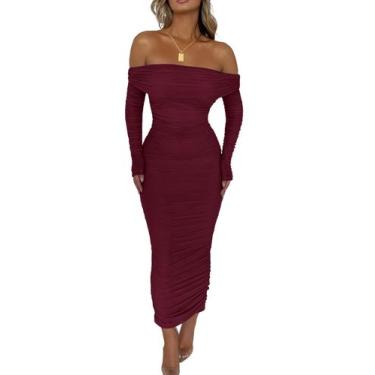 Imagem de Vestido PRETTYGARDEN Ombro a Ombro Maxi Manga Longa Vinho Tamanho S