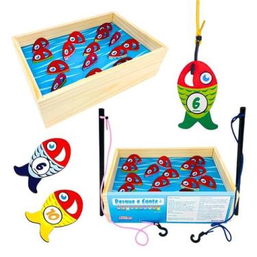 Imagem de Jogo Pesque e Conte Brinquedos Educativos Pescaria Madeira Infantil Ca