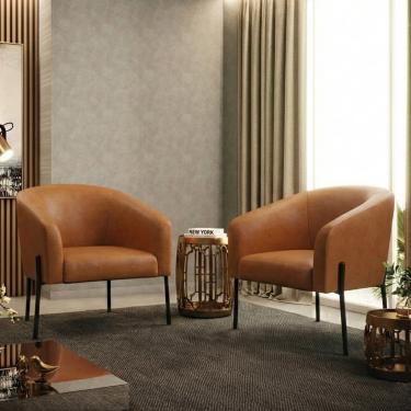 Imagem de Poltrona Sala Decorativa Kit 2 Stella Pé de Aço Preto Sintético PU Whisky D03 - D'Rossi