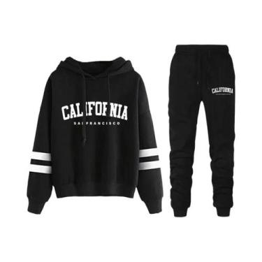 Imagem de Conjunto De Moletom Casual Feminino Com Listras, Calça E Blusa Com Cap