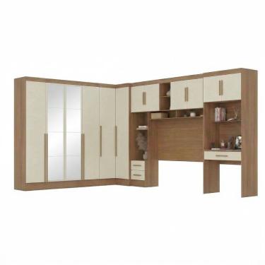 Imagem de Guarda-roupa Modulado 5 Peças 12 Portas com Espelho, Cabeceira até 158cm e Escrivaninha Cinamomo/Off White