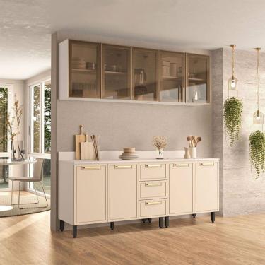 Imagem de Cozinha Compacta Amara 9 Portas 3 Gavetas com Vidro Creme/Branco - Politorno