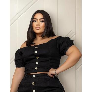 Imagem de Blusa Cropped Ciganinha Jeans Plus Size Feminina Com Lycra Cor:NudeTam