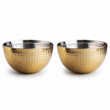 Imagem de Kit Saladeira Aço Inox Martelado Dourado Bacia Bowl Multiuso para Cozi