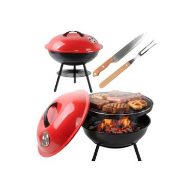Imagem de Kit Churrasco Churrasqueira A Bafo Redonda Com Faca E Garfo