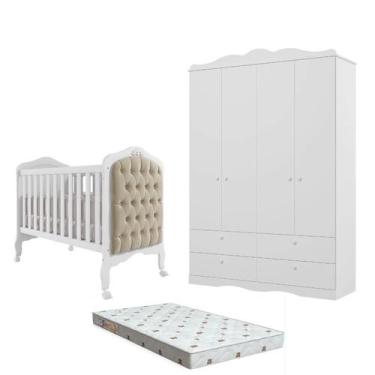Imagem de Quarto Bebê Berço e Guarda roupa Canto Dorabelly +Colchão Cp - Branco 