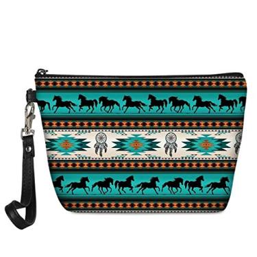 Imagem de GOSTONG Bolsa de cosméticos para maquiagem de couro PU bolsa de viagem com zíper presentes de aniversário, girassol, Cavalo apanhador de sonhos, Onesize