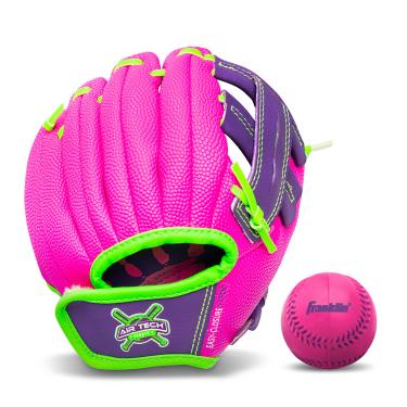 Imagem de Franklin Sports Luva de beisebol - AirTech Luva de Teeball para meninos + meninas jovens - Luva de beisebol infantil + Teeball - Manta direita - 21,5 cm, rosa/roxo