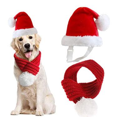 Imagem de Incape Data chapéu de Papai Noel para cachorro com cachecol, chapéu de Papai Noel ajustável para cães e Natal, cachecol vermelho com bola de pompom branca, cachecol de inverno para cães, vestido de festa de Natal