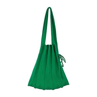 Imagem de Newmind Bolsa feminina chique de mão de malha fashion ombro plissado sacola de praia bolsa de verão casual bolsa de ombro, Verde, G