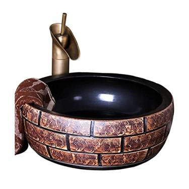 Imagem de TOMYEUS Pia de banheiro 41 cm pia redonda vaso de cerâmica marrom bancada pia de vaso de cerâmica acima do balcão vaso de porcelana banheiro pia pia pia lavatório vaidade
