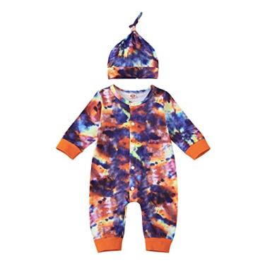 Imagem de Macacão infantil recém-nascido para meninos e meninas manga longa tie dye patchwork macacão com roupas de bebê para meninos, Laranja, 0-6 Meses