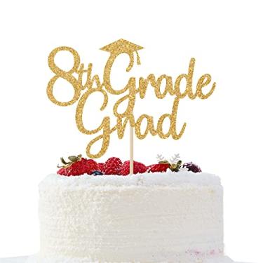 Imagem de Topo de bolo Gold Glitter 8th Grade Grad - Decoração de bolo de parabéns classe de 2022, decoração de festa de formatura de 5º ano
