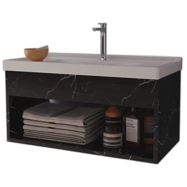 Imagem de Gabinete Banheiro Cuba E Nicho Suspenso Preto Marmorizado