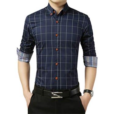 Imagem de Camisa masculina xadrez com botões e manga comprida casual, Dark Blue, M
